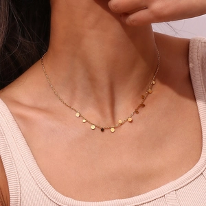 Chic 18K gold plated stainless steel necklace with small round disc pendants on model