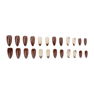 Brown and cream white stiletto press-on nails set with glossy French design 24pcs