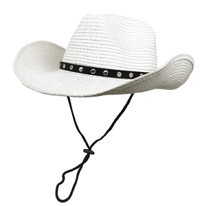 Classic white woven straw cowboy hat with black studded band and adjustable chin strap