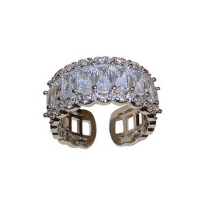 Minimalist silver open ring with cubic zirconia baguette and round stones for women