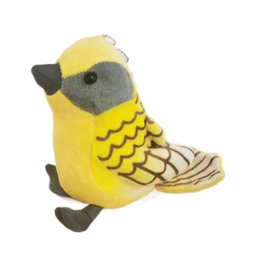 Cute yellow bird plush keychain with grey wings and metal ring on white background