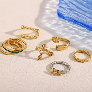 Three-layer 18K gold plated stainless steel rings set with zircon cross and star charms