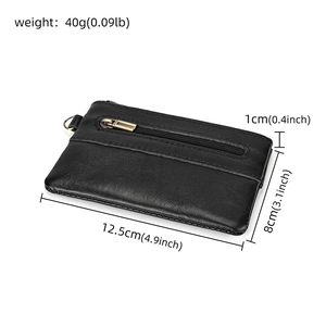 Detail view of black crazy horse leather coin purse with zipper and dimensions displayed