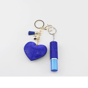 Blue heart-shaped rhinestone perfume bottle keychain with cylinder pendant and tassel