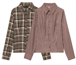 Flat lay of brown and reddish plaid long sleeve shirts showing high-quality fabric texture