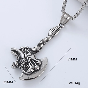 Detailed dragon engraved axe pendant in stainless steel with 51mm x 31mm size markings