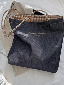 Vintage double-sided denim canvas tote bag with beaded straps and large capacity