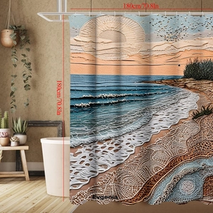 Detail view of sunset beach shower curtain with 180x180cm size dimensions shown