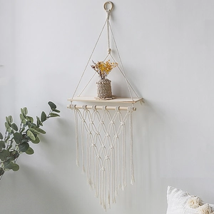 Boho hand-woven cotton macrame wall hanging shelf with wooden rack and decorative tassel