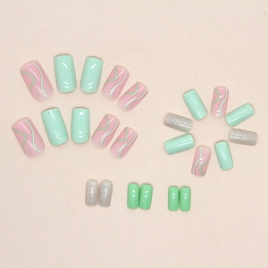 Green square press-on nails with silver glitter and mint wave lines for summer