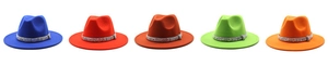 Detail of wool fedora hats with silver glitter bands in five vibrant solid colors