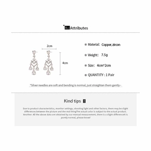 Detailed specs of teardrop zircon earrings with size 4x2cm and silver needle info