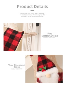 Detail of red black plaid Christmas stocking with 3D gnome and durable linen hanging loop