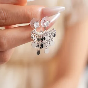 Silver needle zircon disk tassel earrings for women with elegant shimmering movement