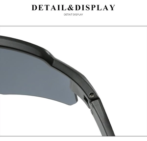 Macro shot of high-quality durable metal hinge and screw on black sports cycling sunglasses