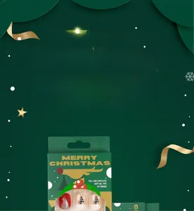 Detail of Christmas press-on nail kit featuring festive red and white patterns in green packaging
