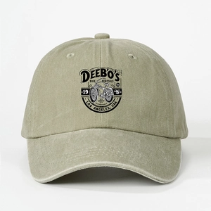 Washed green cotton baseball cap with vintage Deebo's bike rentals logo and adjustable strap