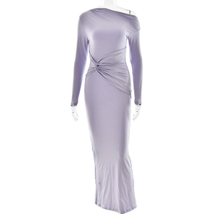 Detail of lavender one-shoulder dress with sparkling fabric and ruched waist knot