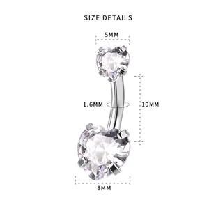 Heart shaped cubic zirconia belly button ring with detailed size dimensions in millimeters