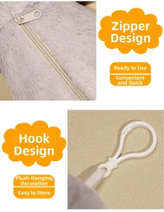 Detail of plush cat tissue box showing grey zipper and plastic hanging hook accessory
