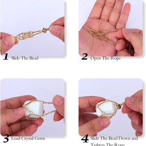 Adjustable golden metal mesh cage necklace tutorial steps for holding crystals and stones