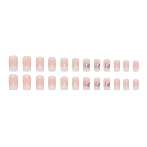Press-on nails featuring nude pink gradient, white tips, and purple aurora butterflies