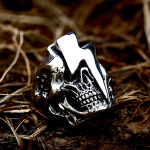 Punk style silver skull ring with lightning bolt details made of durable titanium steel