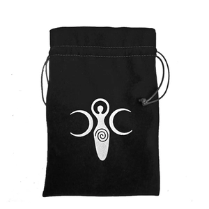 Black velvet drawstring bag 13x18cm featuring a white Triple Moon Goddess symbol