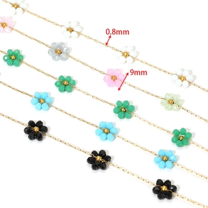 Gold plated stainless steel chain with 9mm colorful crystal flower beads for DIY jewelry