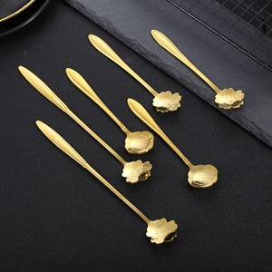 Set of 6 gold stainless steel cherry blossom and rose shaped long coffee stirring spoons