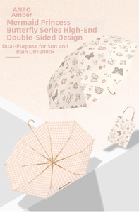 Detail of double-layer umbrella with pink butterfly prints and matching fabric handbag