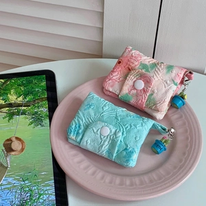 Quilted puff fabric floral card holder and mini coin purse with cactus pendant decoration