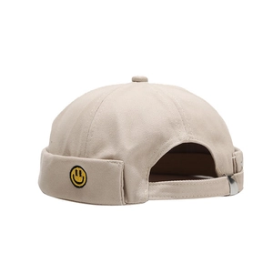 Beige cotton miki hat with smiley embroidery and adjustable metal buckle strap