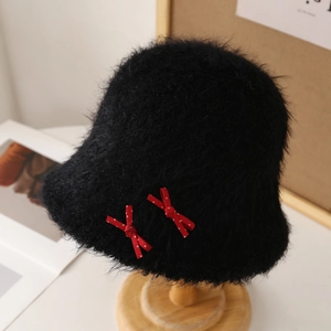 Sombrero de felpa negra para mujer con lazos de lunares rojos para el invierno cálido