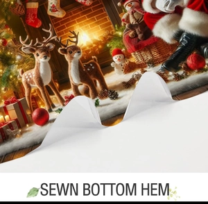 Detail of the high-quality sewn bottom hem on a 3D digital Christmas shower curtain