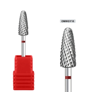 Detailed macro view of tungsten nail drill bit with spiral teeth and protective red base