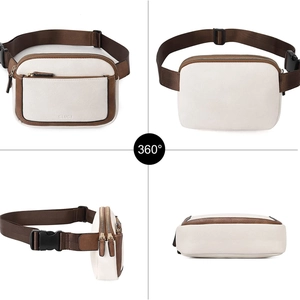 Cream and brown faux leather waist bag for women shown from multiple angles and views