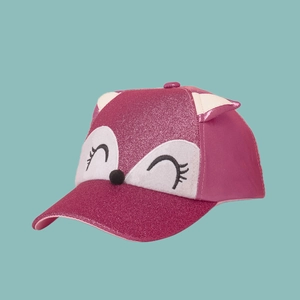 Detail view of pink glitter kids baseball cap with cute 3D fox ears and embroidery