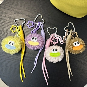 Plush Monster Keychain Ugly Cute Big Eyes Fluffy Fur Ball Bag Charm With Braided Rope Heart Alloy Buckle Backpack Pendant