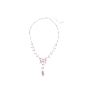Pink zircon butterfly necklace with water drop tassel pendant on a white background
