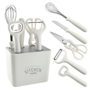 6-piece white stainless steel kitchen gadget set with storage base and accessories