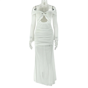 Detail of white hollow halter neckline with twisted ruched bodice and long sleeves