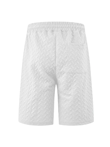 Detail of white waffle texture fabric on men's casual shorts with rear pocket and drawstring