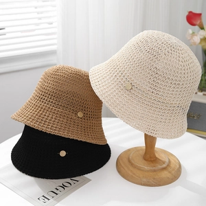 Knitted hollow bucket hat with metal buckle accessory in beige, khaki, and black colors