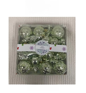 Detail of 28-piece light green Christmas ornaments in a transparent gift box packaging