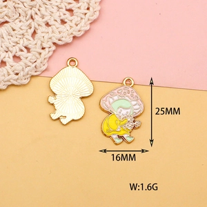 Front and back detail of mushroom charms showing 25mm height and enamel craft