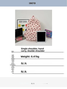 Pink nylon backpack with strawberry prints showing dimensions and product specs