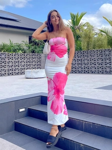 Slim fit tube maxi dress with pink floral prints for summer vacation beach wear