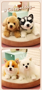 Close-up of realistic dog plushies Corgi and Husky on soft pet beds in home setting