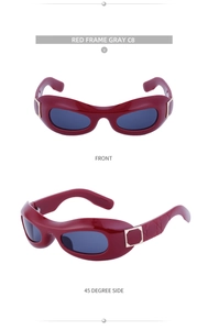 Detail view of oval burgundy sunglasses with quilted temples and golden accents